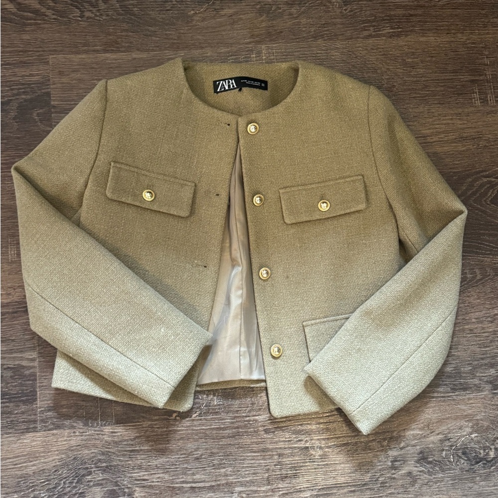 Zara Khaki Wool-Blend Jacket with Gold Button